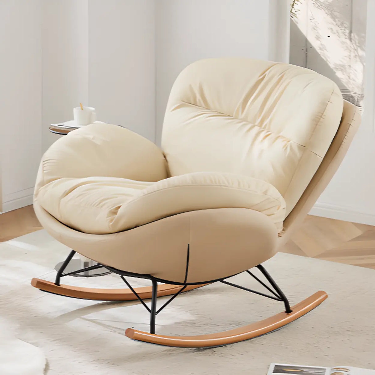 Beige Upholstered Flared Arm Wood Leg Rocking Chair Image - 1