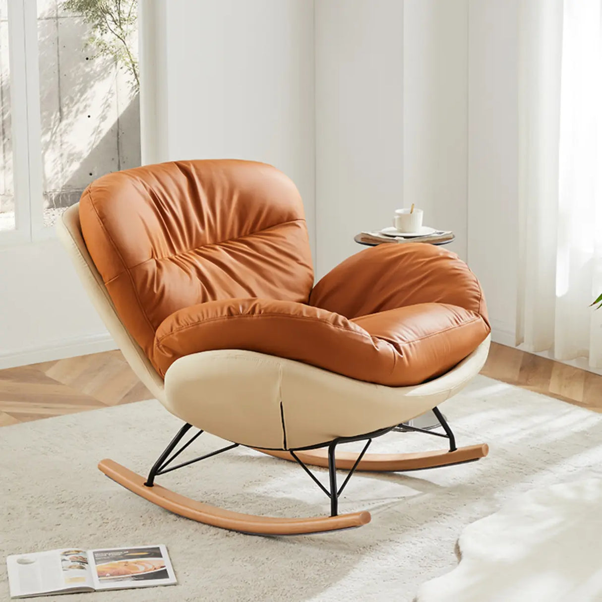 Beige Upholstered Flared Arm Wood Leg Rocking Chair Image - 2