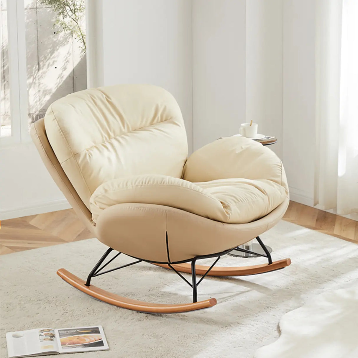 Beige Upholstered Flared Arm Wood Leg Rocking Chair Image - 5
