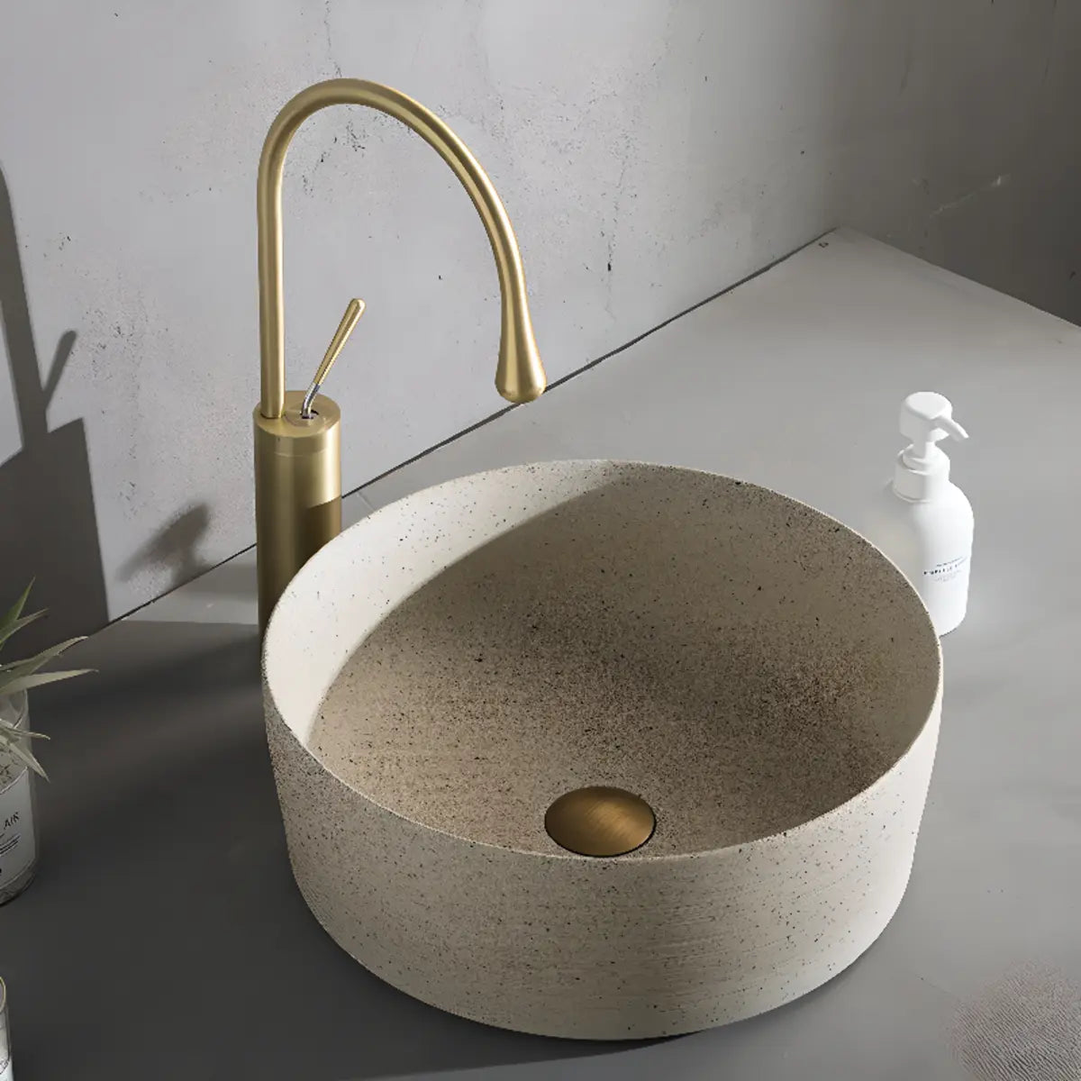 Beige Vitreous China Circular Vessel Sinks with Faucet Image - 1