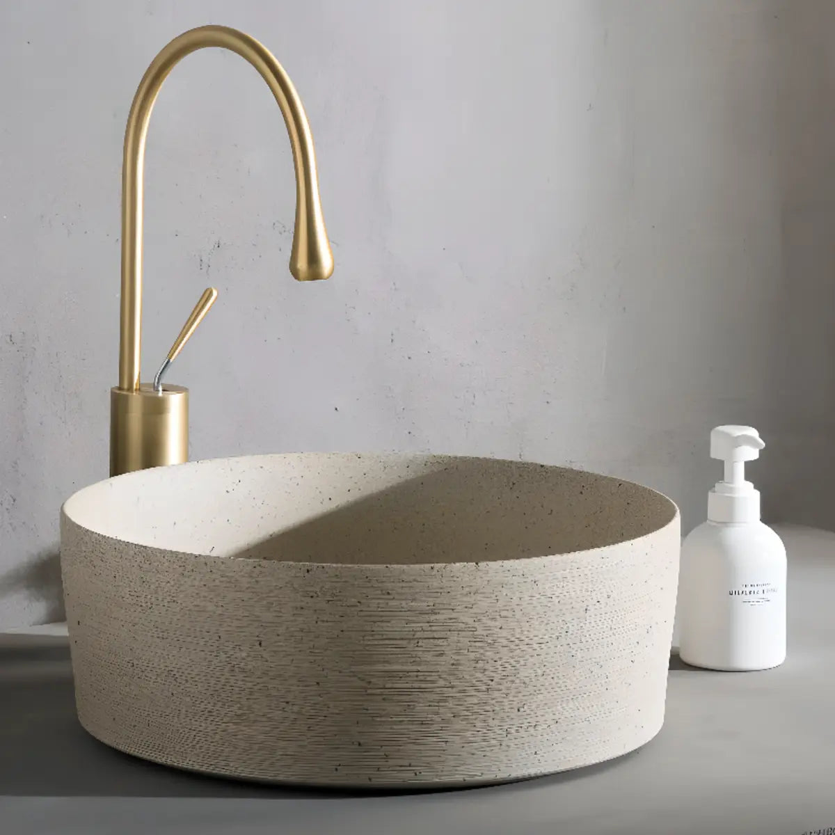 Beige Vitreous China Circular Vessel Sinks with Faucet Image - 4