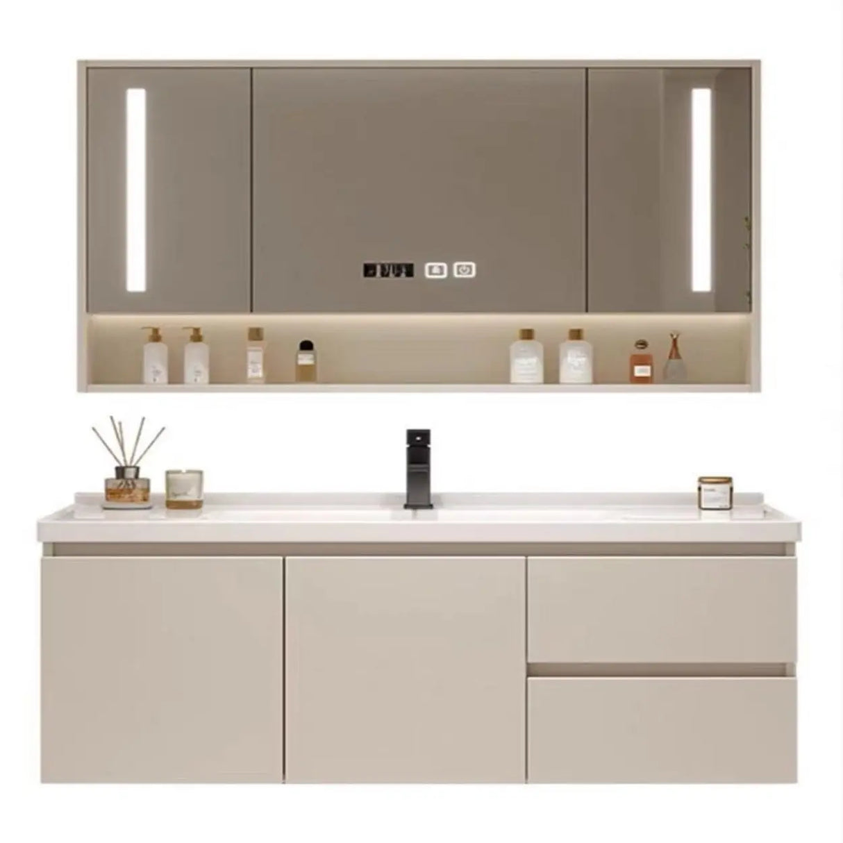 Beige Wall Mounted Sink Storage Bathroom Vanity with Drawers Image - 1