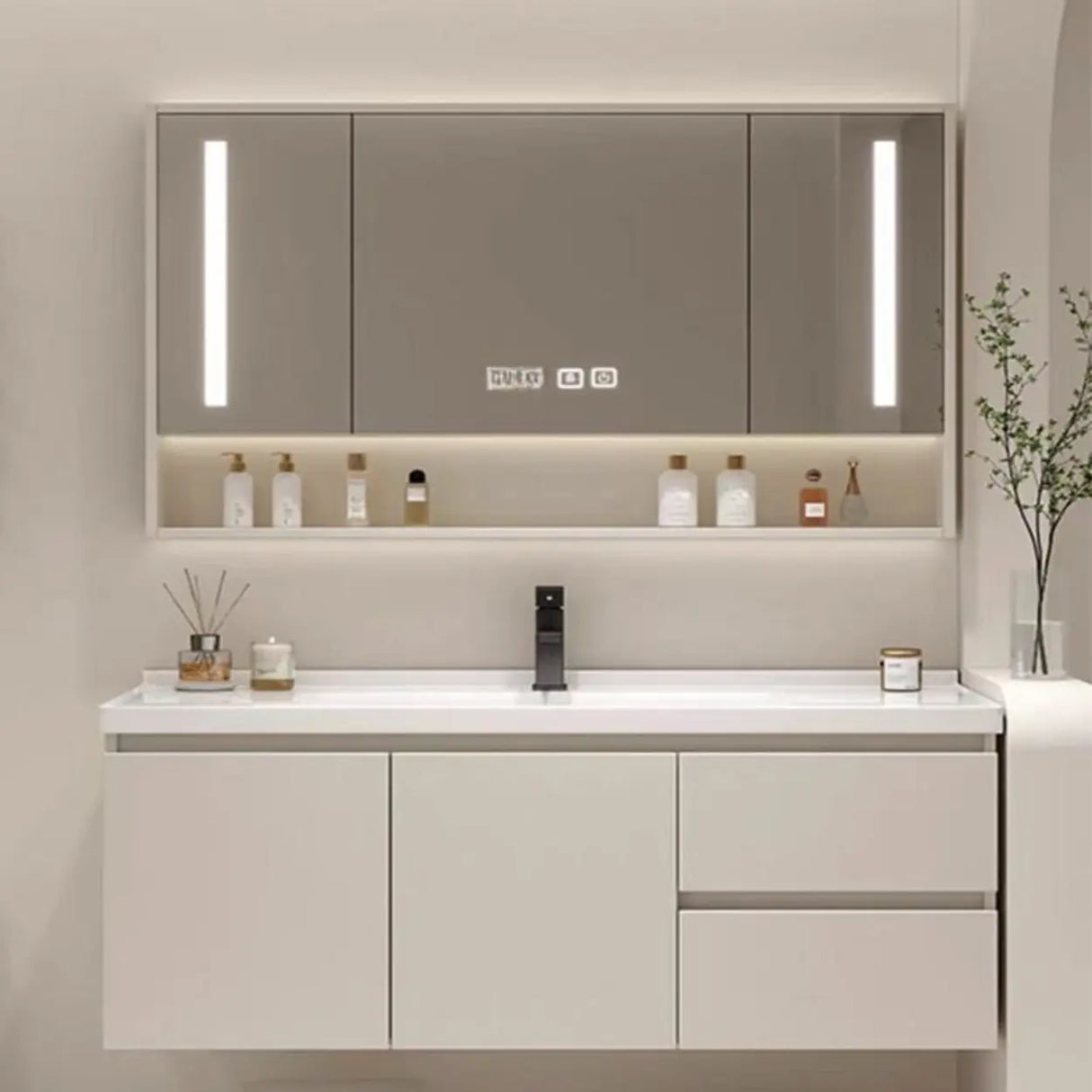 Beige Wall Mounted Sink Storage Bathroom Vanity with Drawers Image - 2