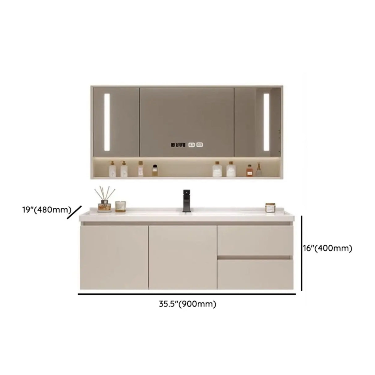 Beige Wall Mounted Sink Storage Bathroom Vanity with Drawers Image - 7