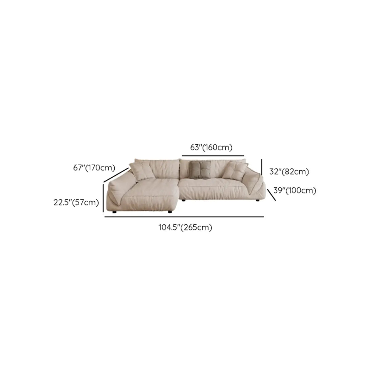 Beige Water Resistant Flannel Flared Arm Sofa Chaise
