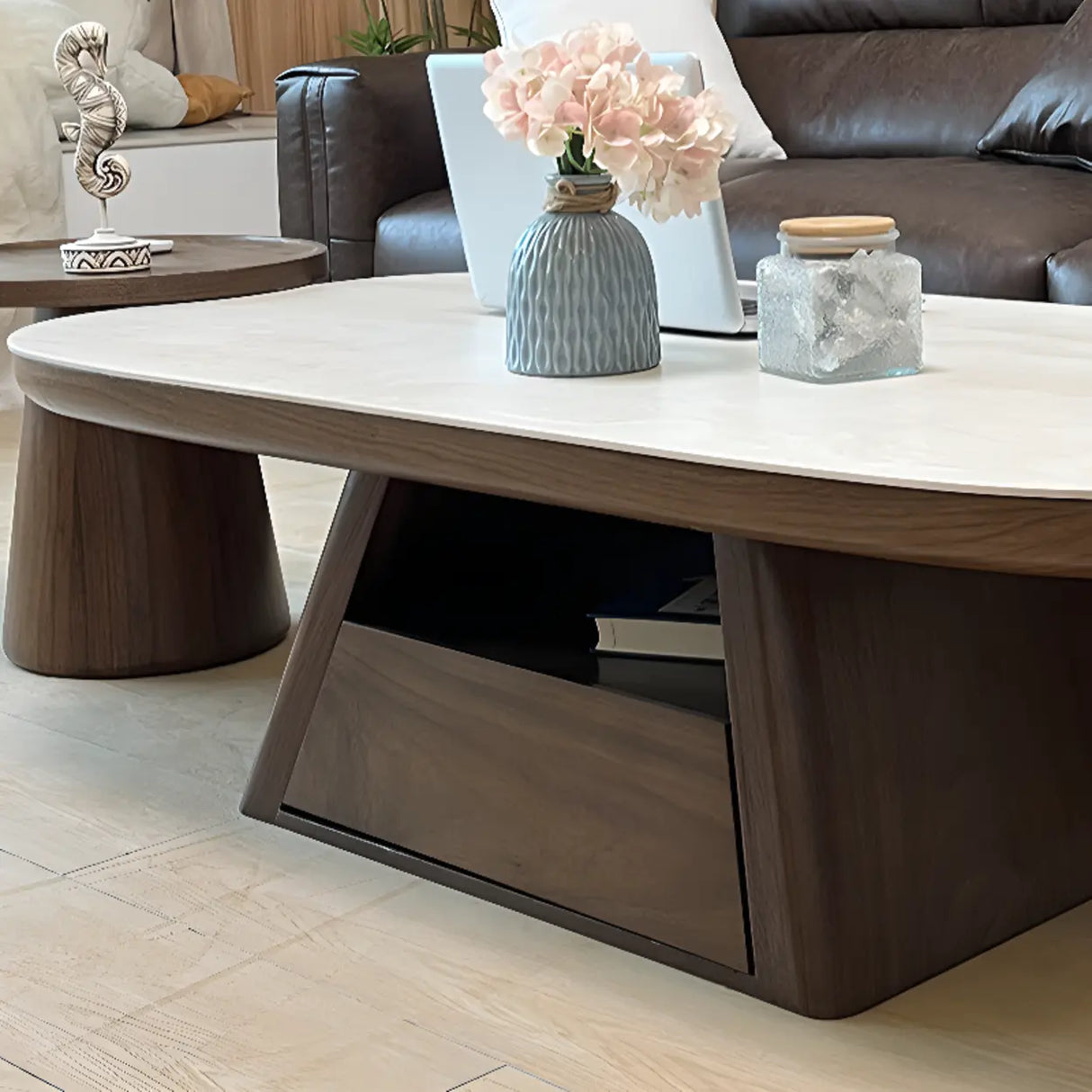 Beige Wood Rectangular Nesting Coffee Table with Drawer Image - 15