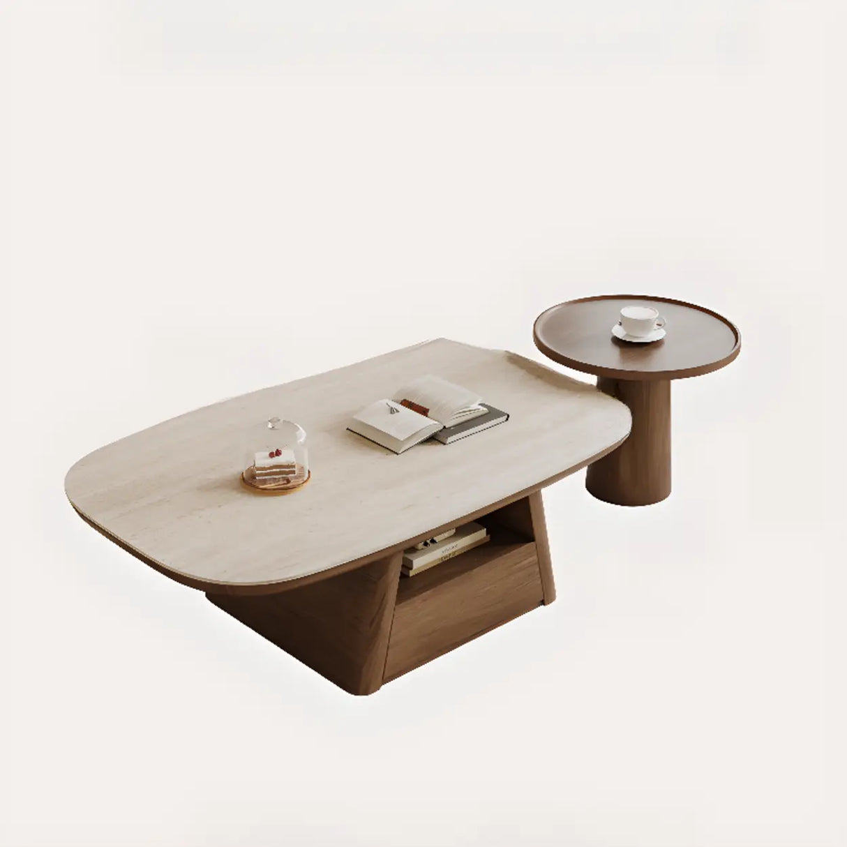 Beige Wood Rectangular Nesting Coffee Table with Drawer Image - 2