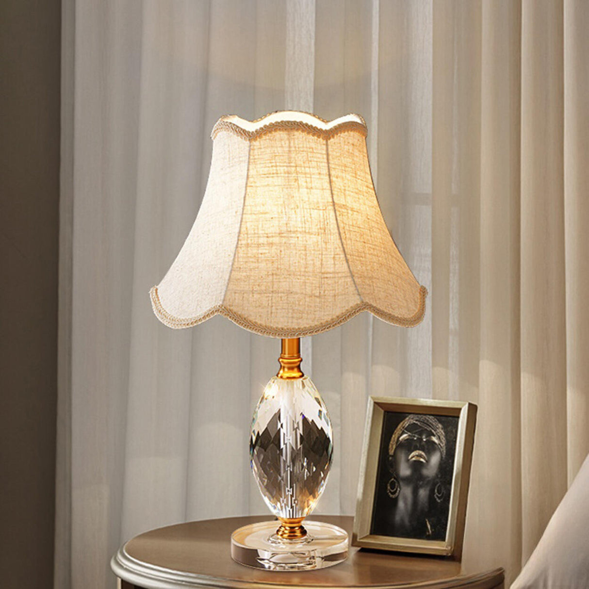 Bell-Shaped Fabric Shade Clear Crystal Base Table Lamp Image - 1