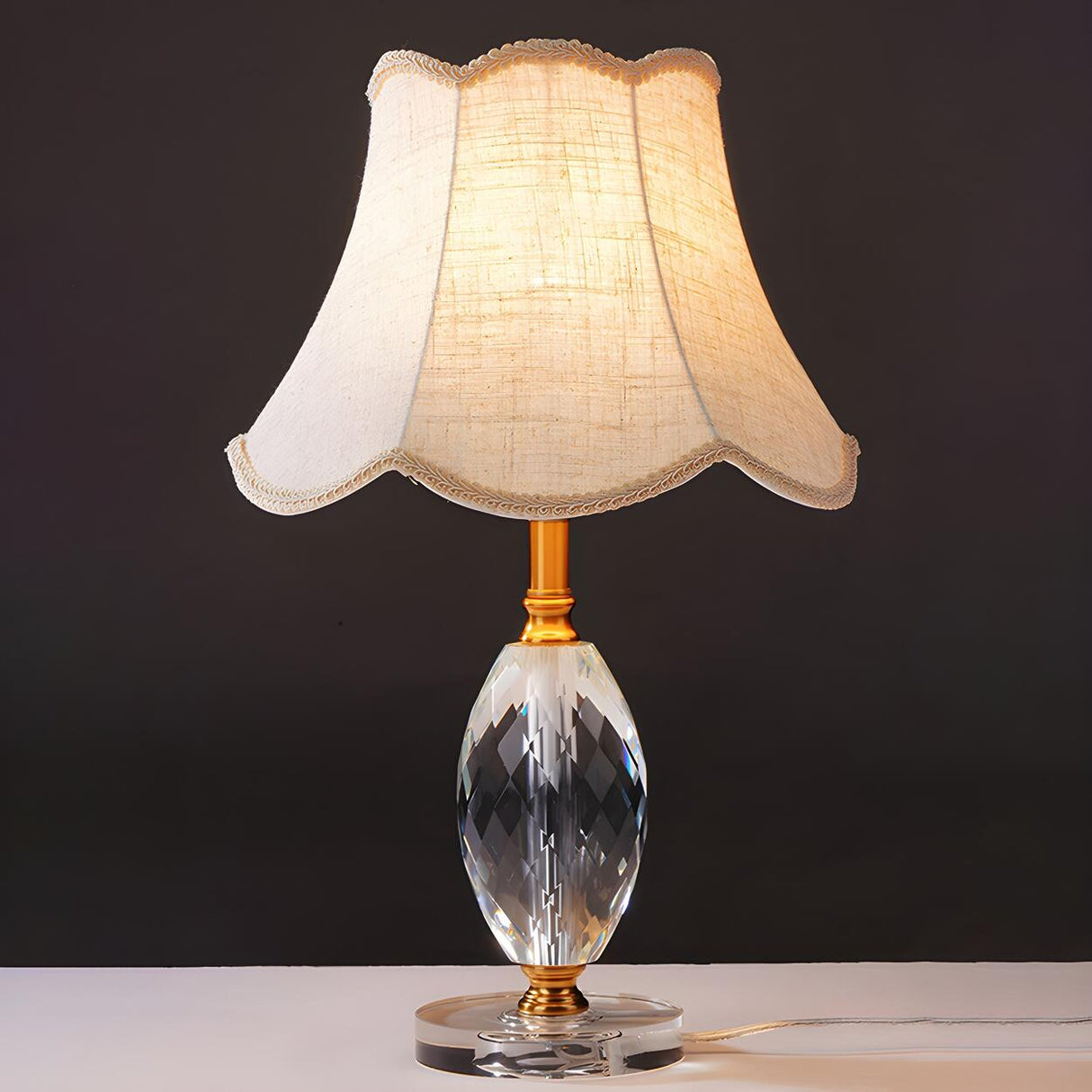 Bell-Shaped Fabric Shade Clear Crystal Base Table Lamp Image - 3