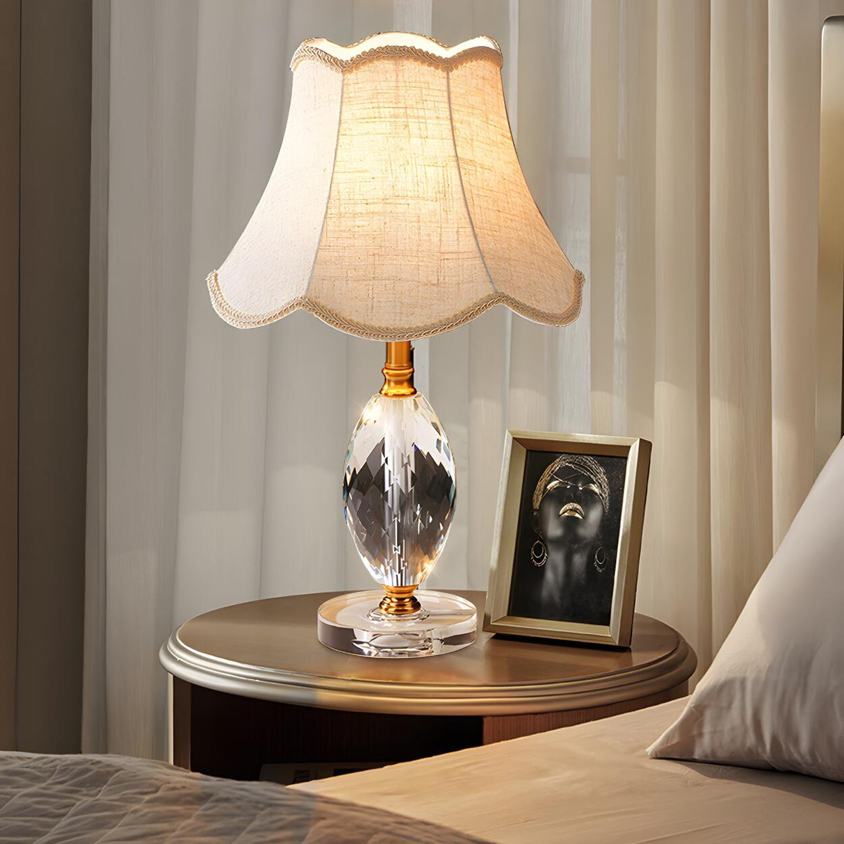 Bell-Shaped Fabric Shade Clear Crystal Base Table Lamp Image - 4