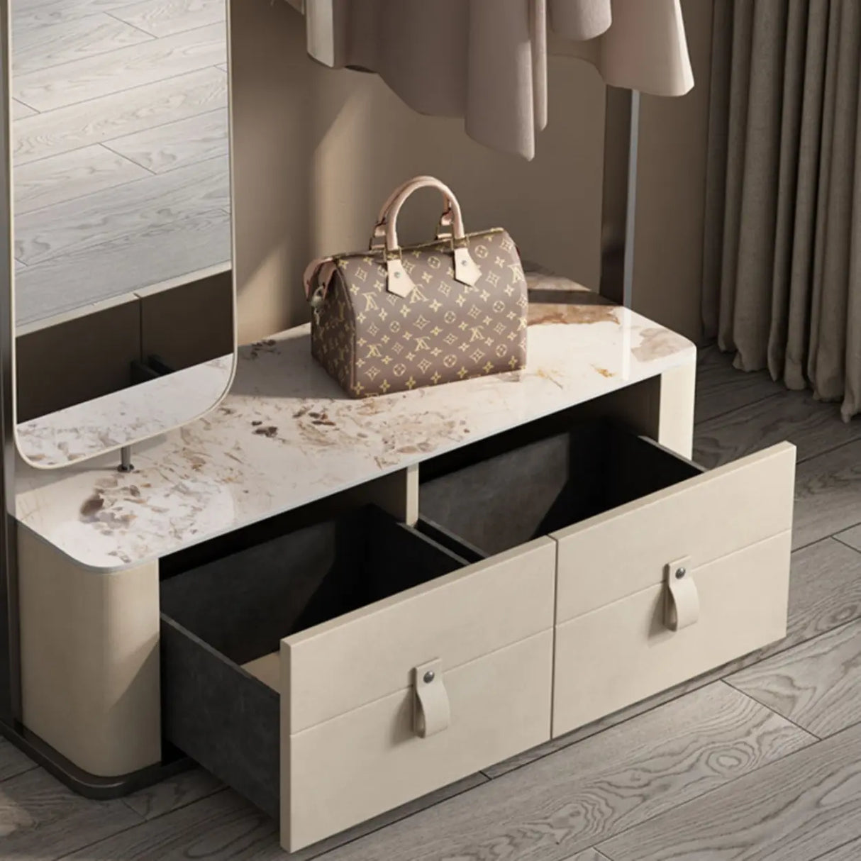 Bench Storage Metal Drawers Hooks Coat Rack with Mirror Image - 6