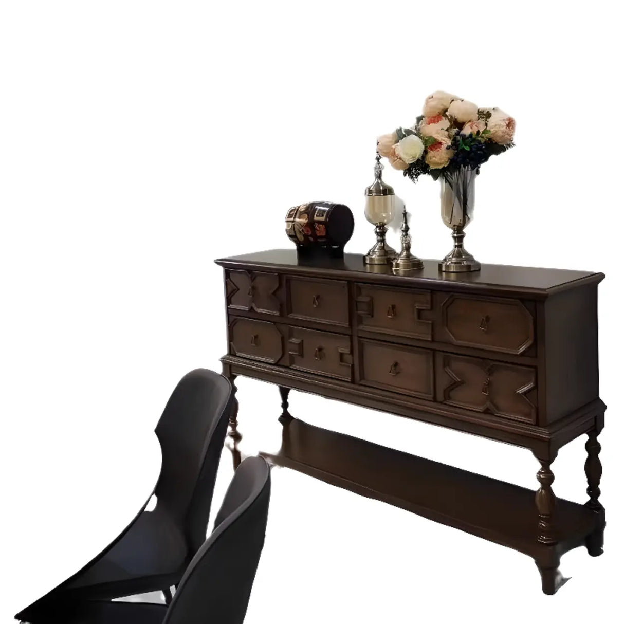 Birch Wood Dark Finish Storage Floor Shelf Console Table Image - 10