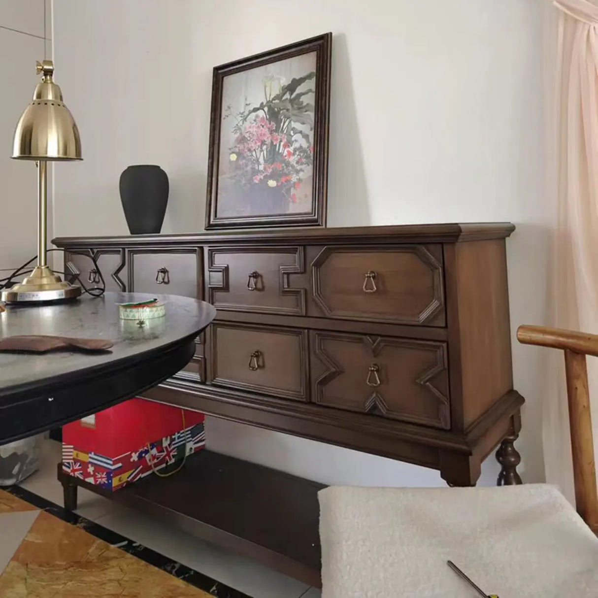 Birch Wood Dark Finish Storage Floor Shelf Console Table Image - 11