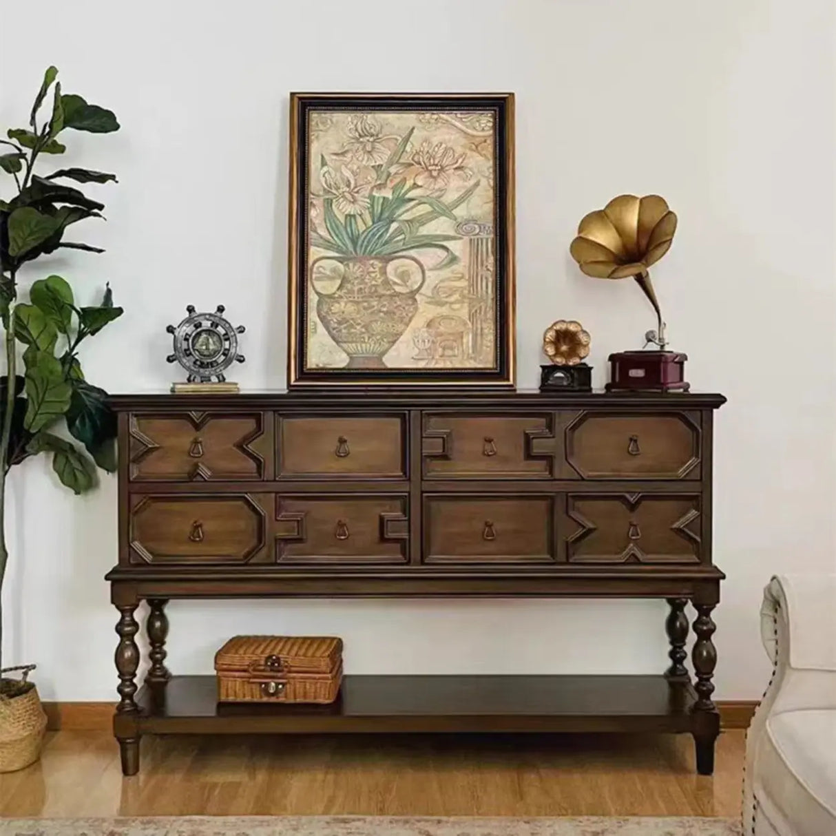 Birch Wood Dark Finish Storage Floor Shelf Console Table Image - 1