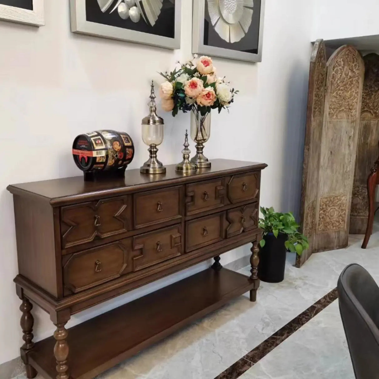 Birch Wood Dark Finish Storage Floor Shelf Console Table Image - 5