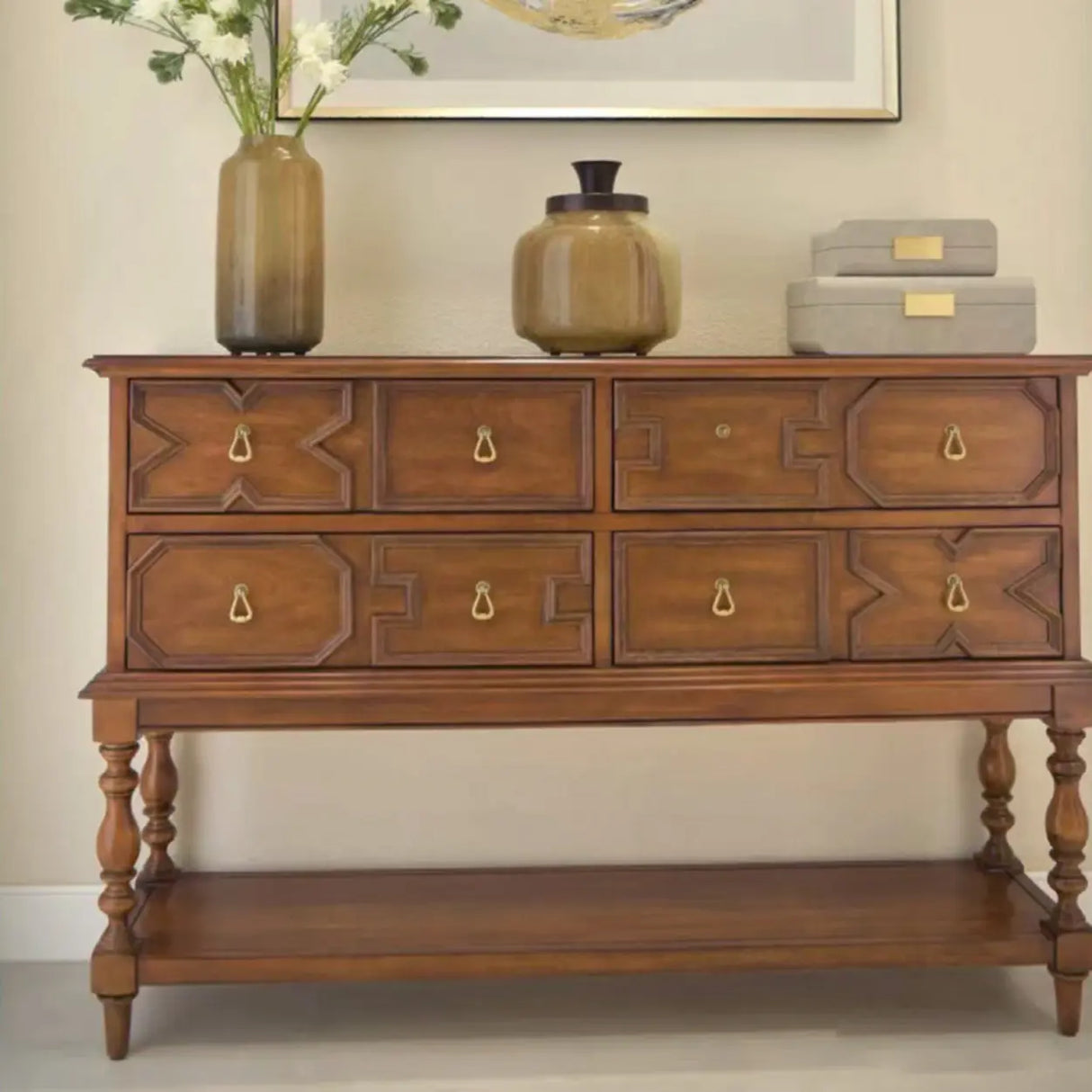 Birch Wood Dark Finish Storage Floor Shelf Console Table Image - 7