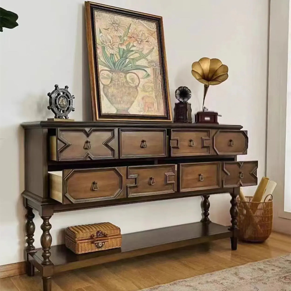 Birch Wood Dark Finish Storage Floor Shelf Console Table Image - 8