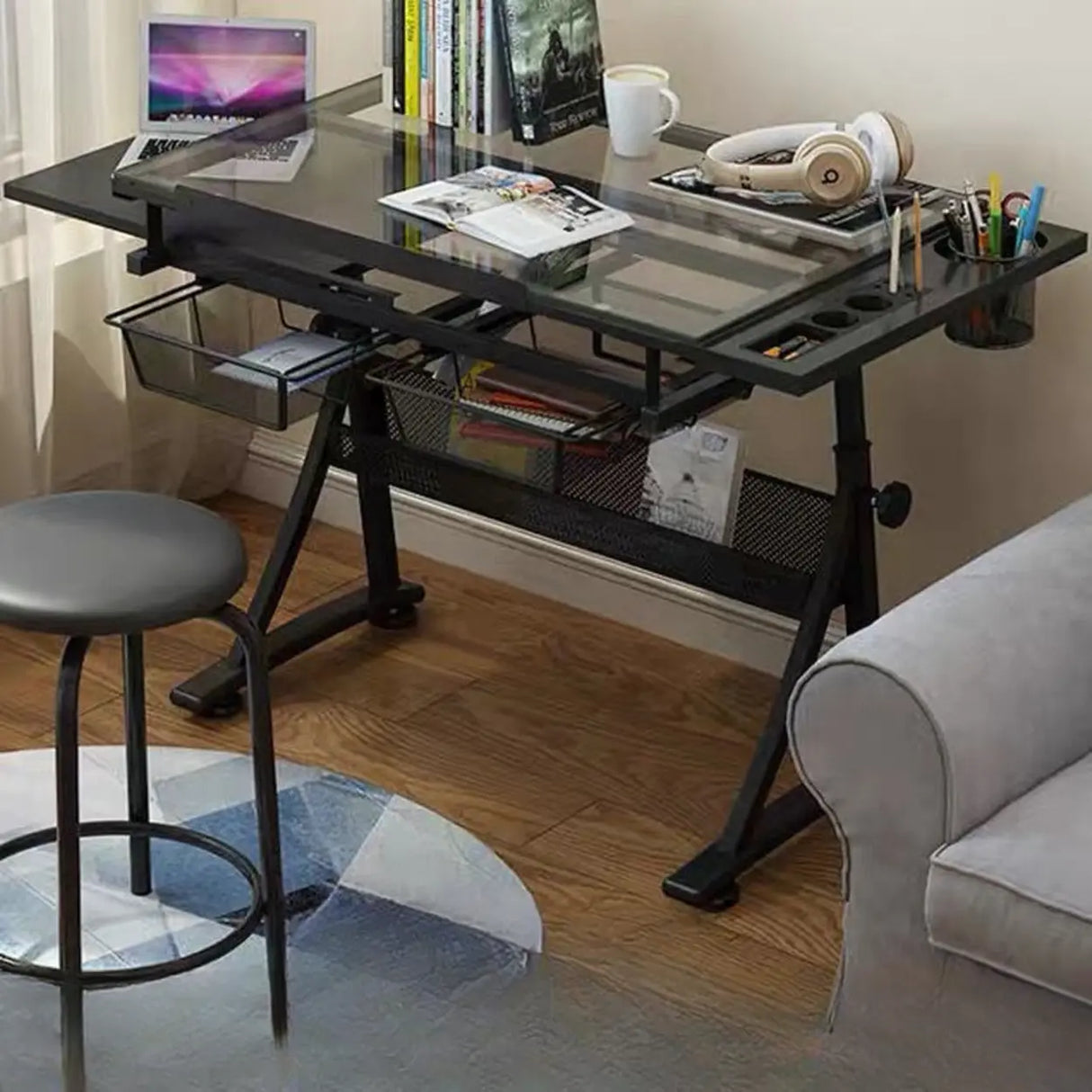 Black Adjustable Glass Drafting Desk with Storage Image - 1