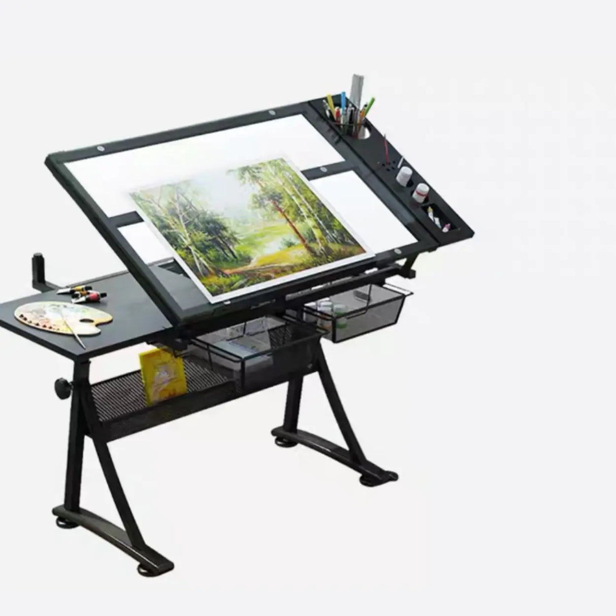 Black Adjustable Glass Drafting Desk with Storage Image - 2