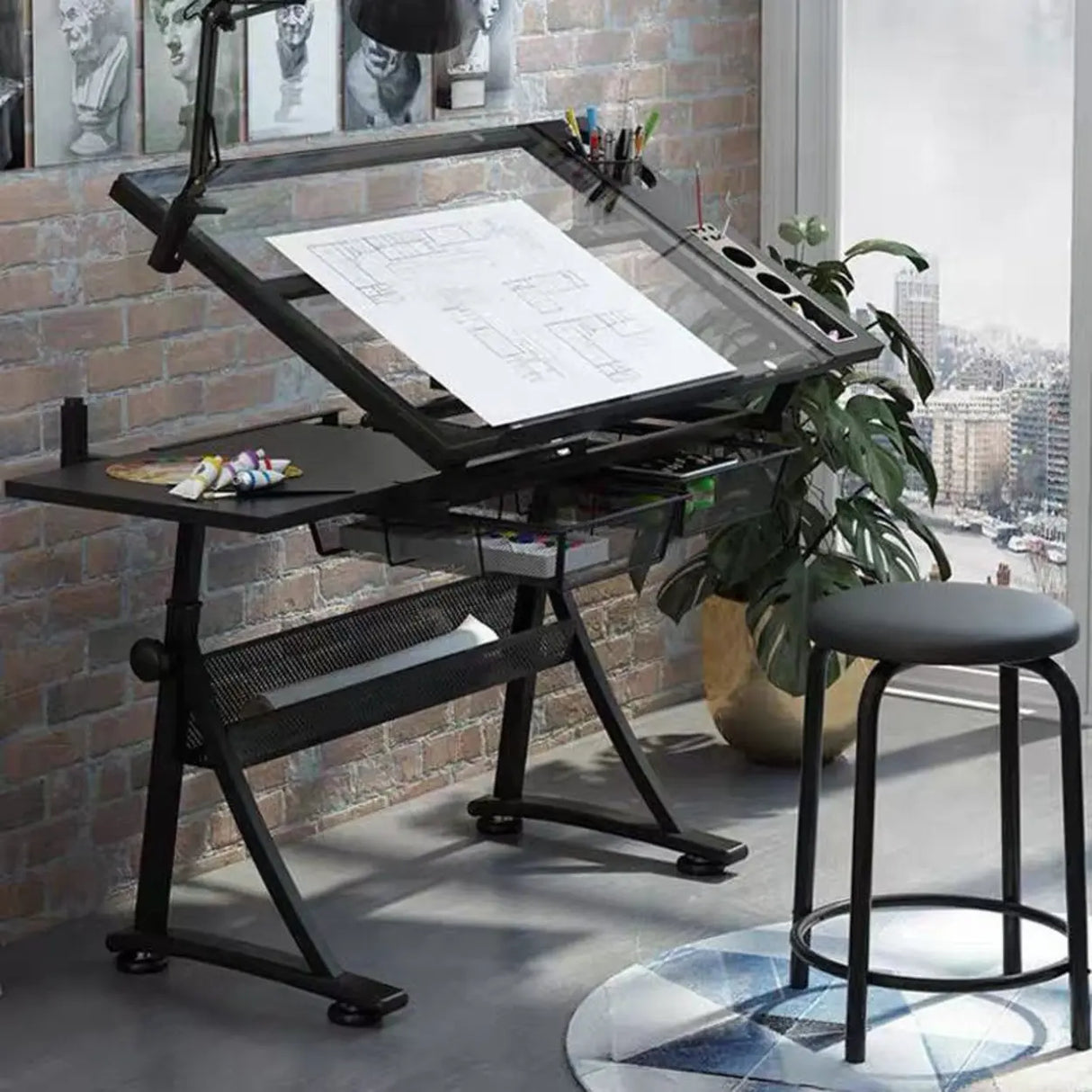 Black Adjustable Glass Drafting Desk with Storage Image - 4