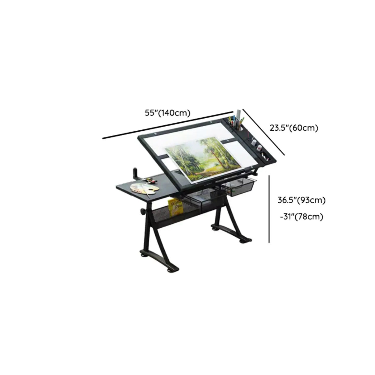 Black Adjustable Glass Drafting Desk with Storage Image - 9