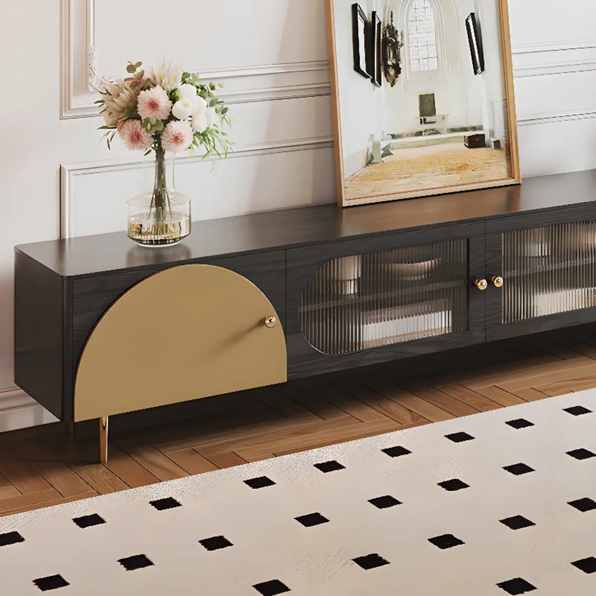 Black Ash Wood Cabinet Drawers Rectangle TV Stand Image - 11