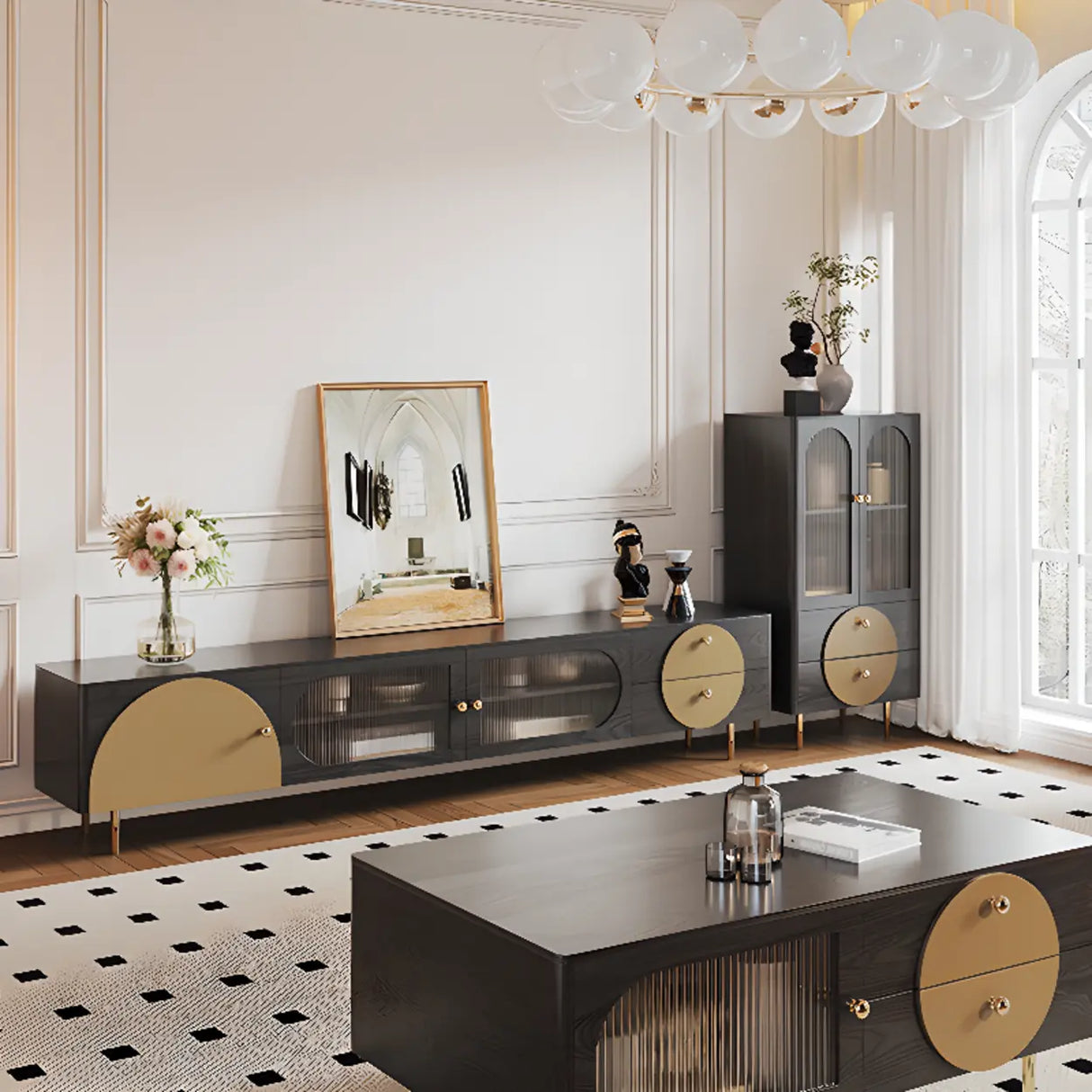 Black Ash Wood Cabinet Drawers Rectangle TV Stand Image - 1