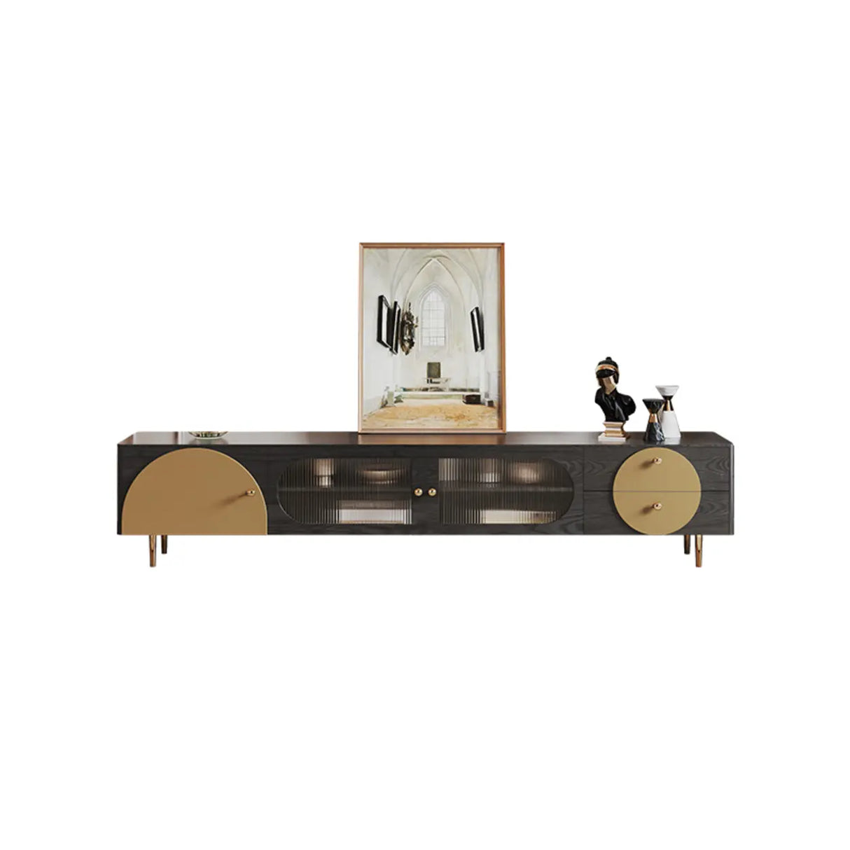 Black Ash Wood Cabinet Drawers Rectangle TV Stand Image - 2