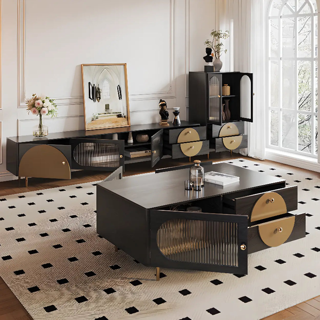 Black Ash Wood Cabinet Drawers Rectangle TV Stand Image - 3