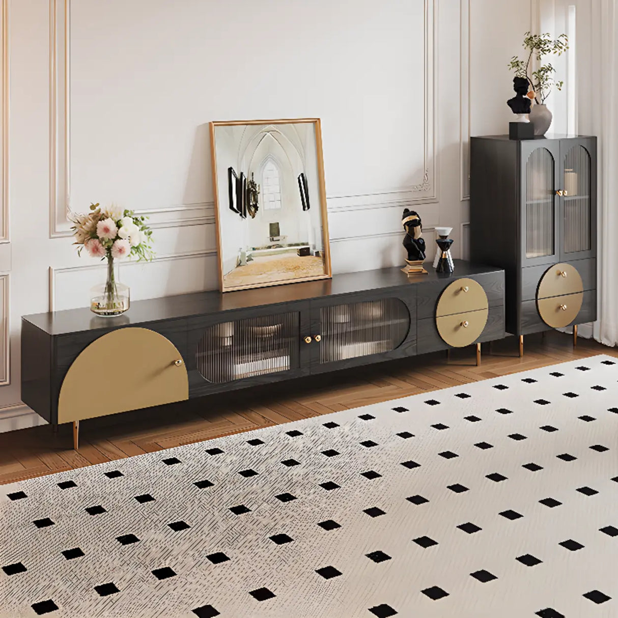 Black Ash Wood Cabinet Drawers Rectangle TV Stand Image - 4