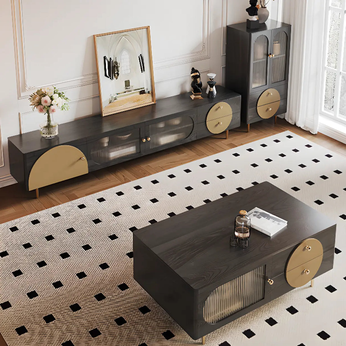 Black Ash Wood Cabinet Drawers Rectangle TV Stand Image - 5