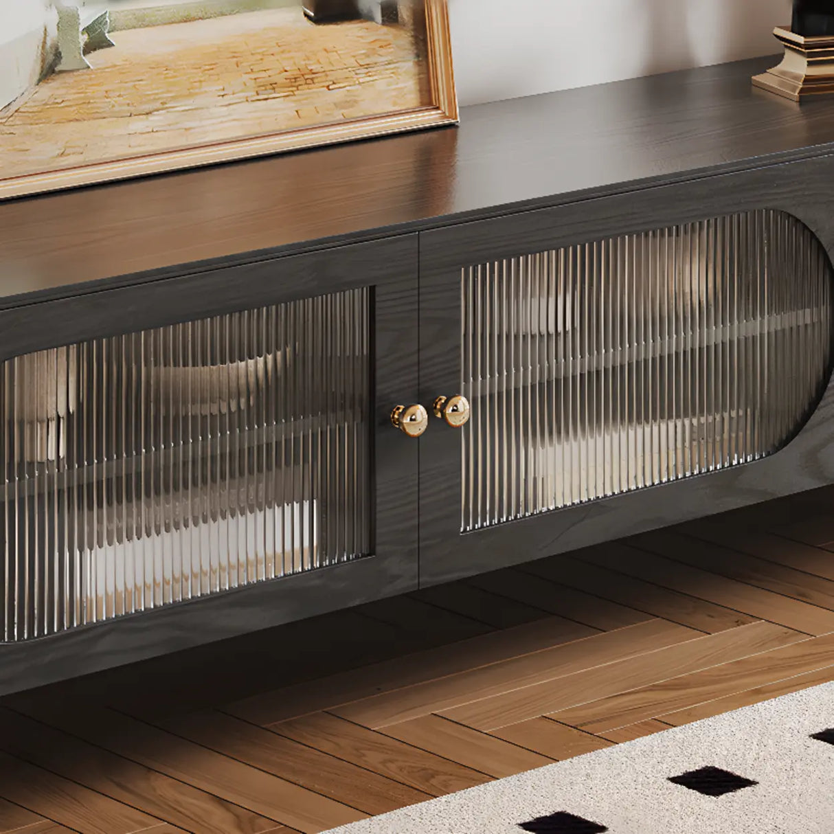 Black Ash Wood Cabinet Drawers Rectangle TV Stand Image - 7