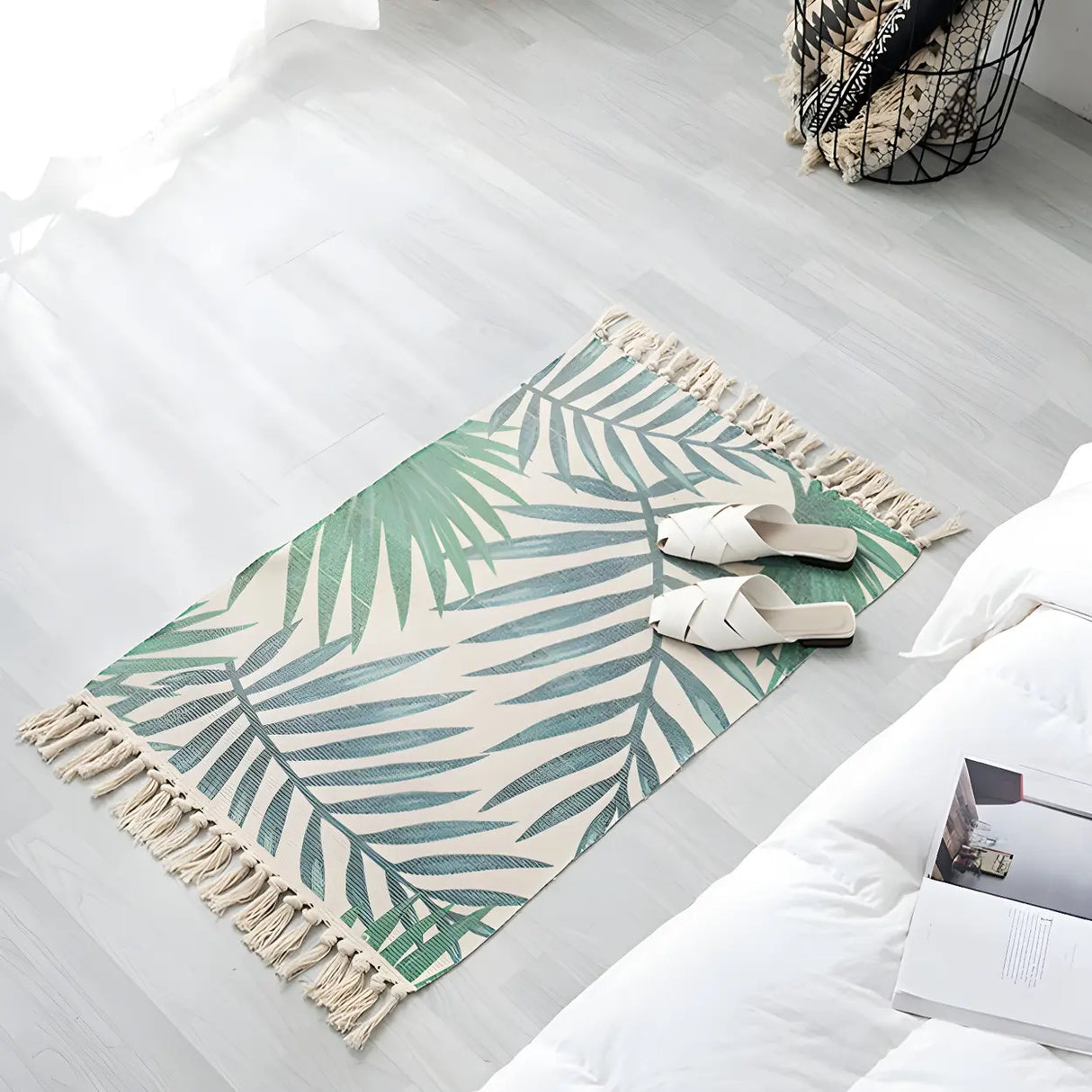 Black Bedroom Geometric Cotton Linen Tassel Area Rug Image - 10