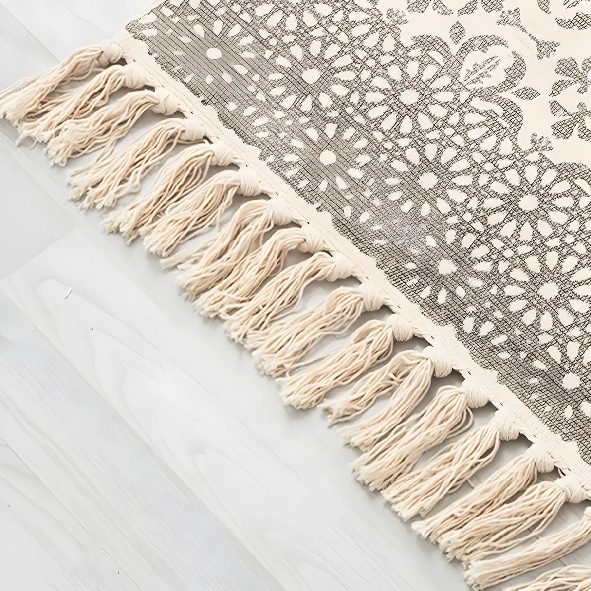 Black Bedroom Geometric Cotton Linen Tassel Area Rug Image - 13