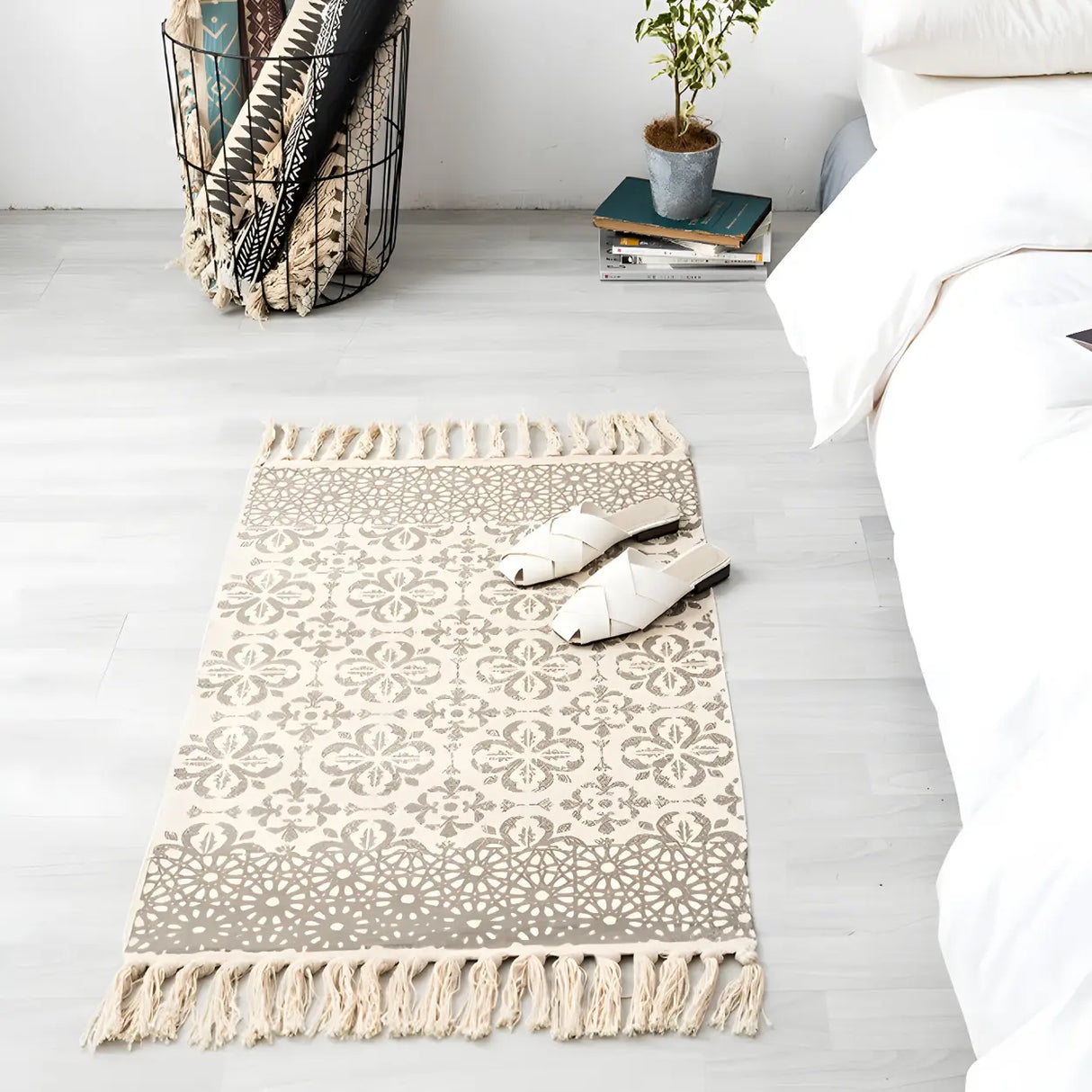 Black Bedroom Geometric Cotton Linen Tassel Area Rug Image - 15