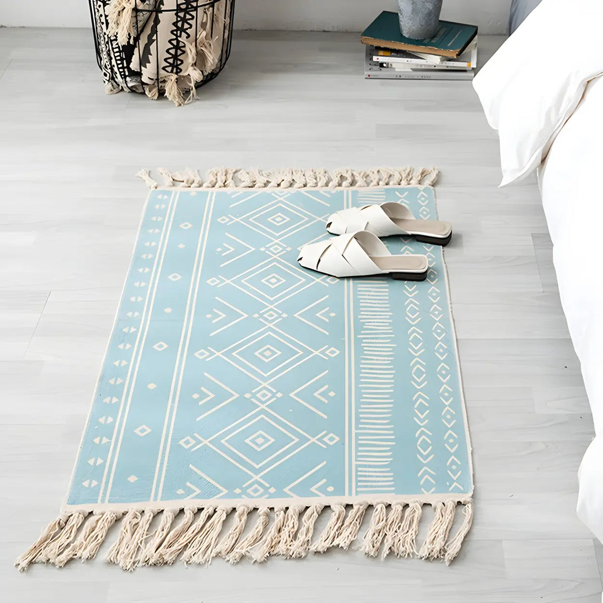 Black Bedroom Geometric Cotton Linen Tassel Area Rug Image - 17