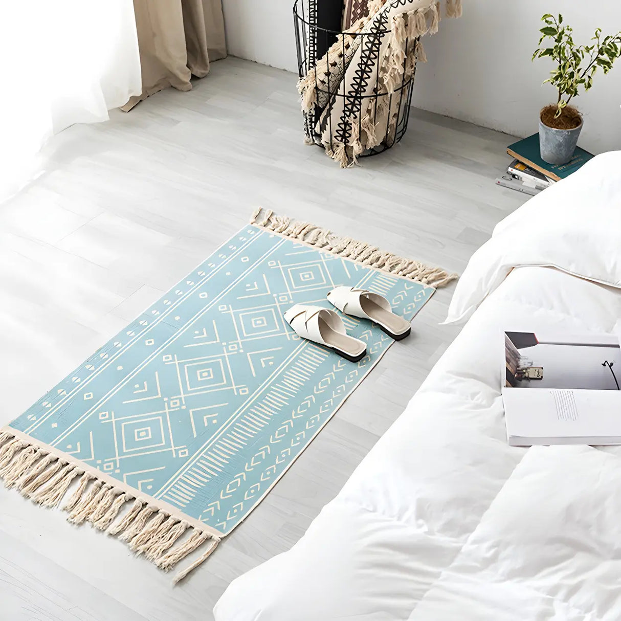 Black Bedroom Geometric Cotton Linen Tassel Area Rug Image - 19