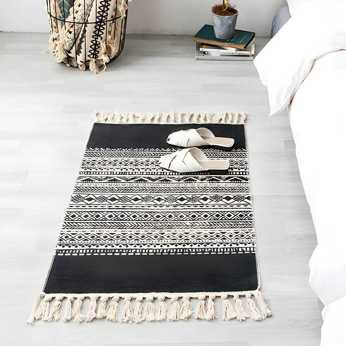 Black Bedroom Geometric Cotton Linen Tassel Area Rug Image - 20