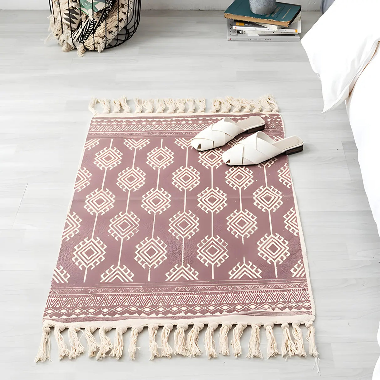 Black Bedroom Geometric Cotton Linen Tassel Area Rug Image - 21