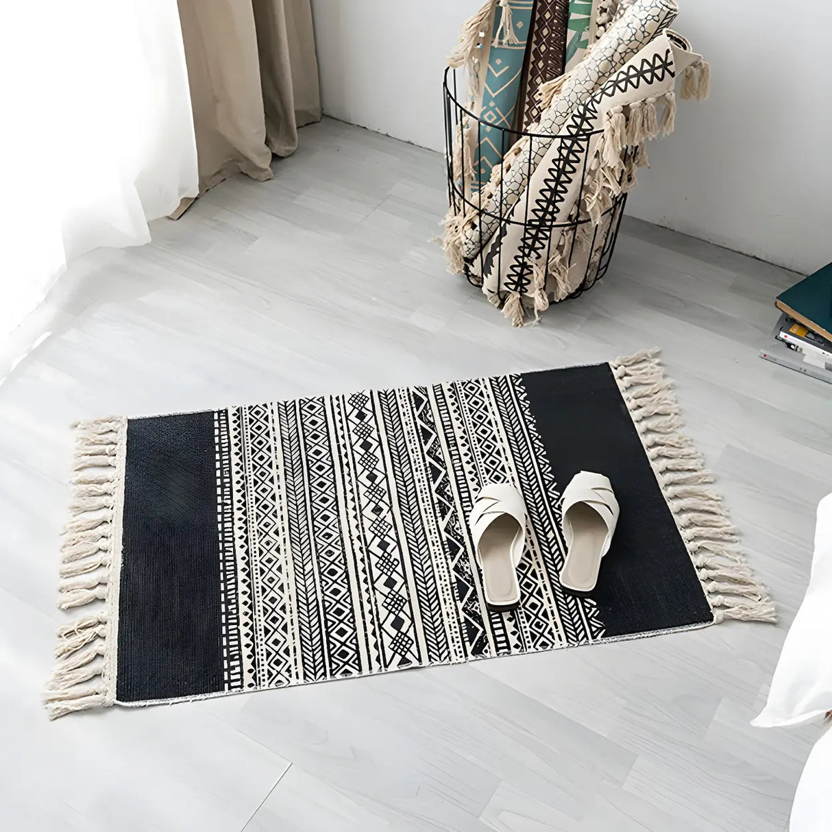 Black Bedroom Geometric Cotton Linen Tassel Area Rug Image - 2
