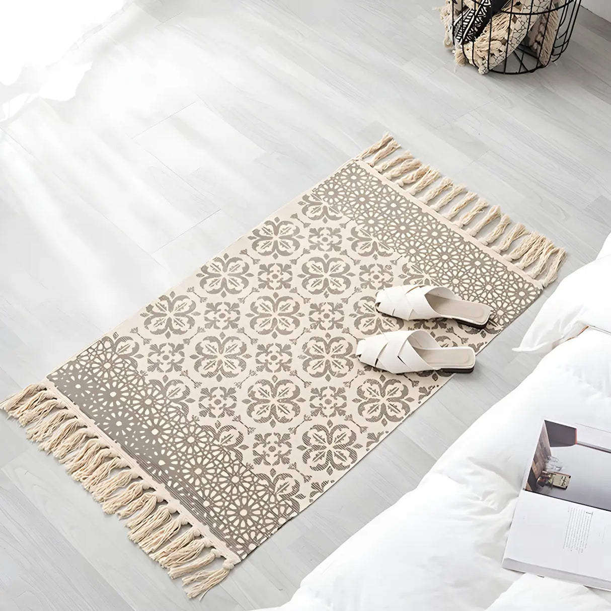 Black Bedroom Geometric Cotton Linen Tassel Area Rug Image - 3