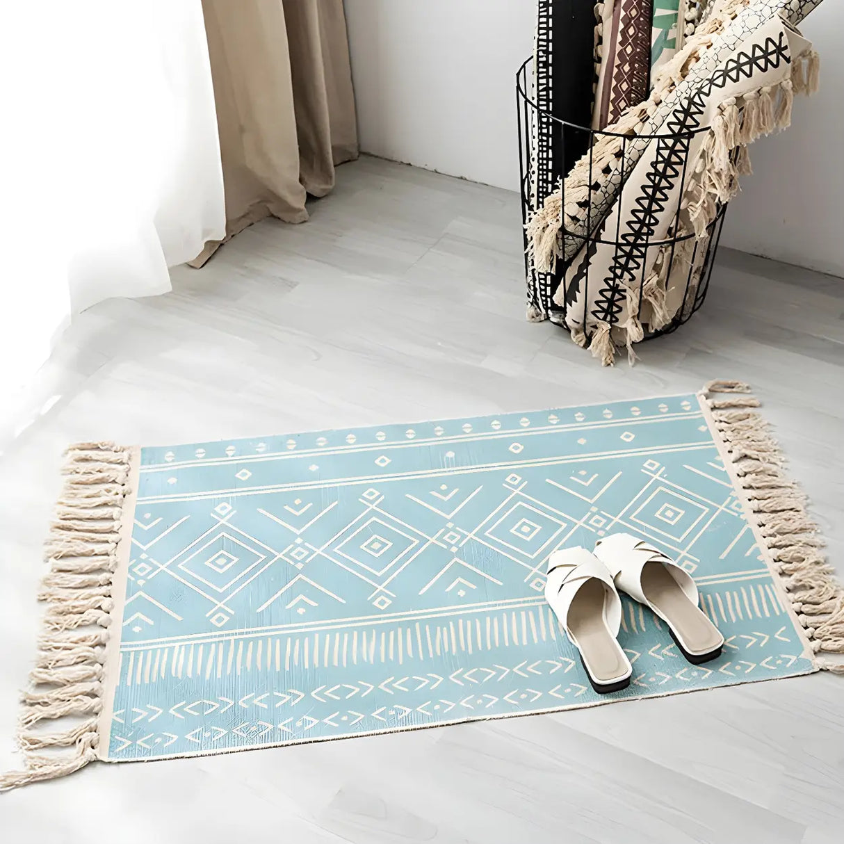 Black Bedroom Geometric Cotton Linen Tassel Area Rug Image - 4