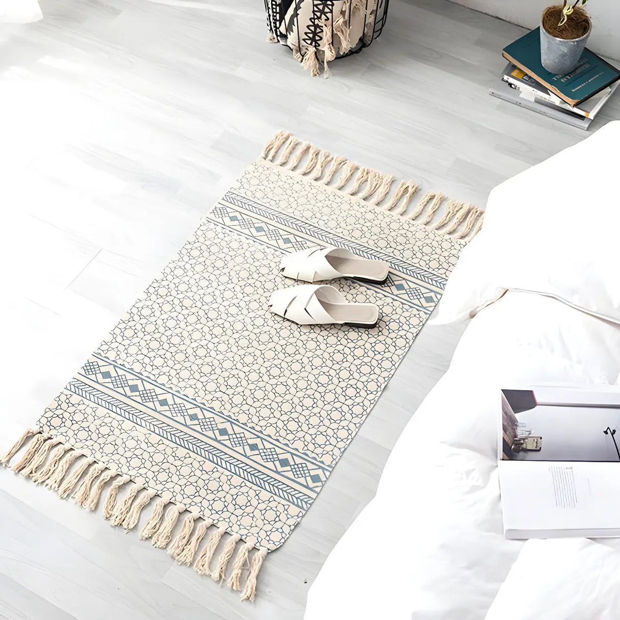 Black Bedroom Geometric Cotton Linen Tassel Area Rug Image - 5