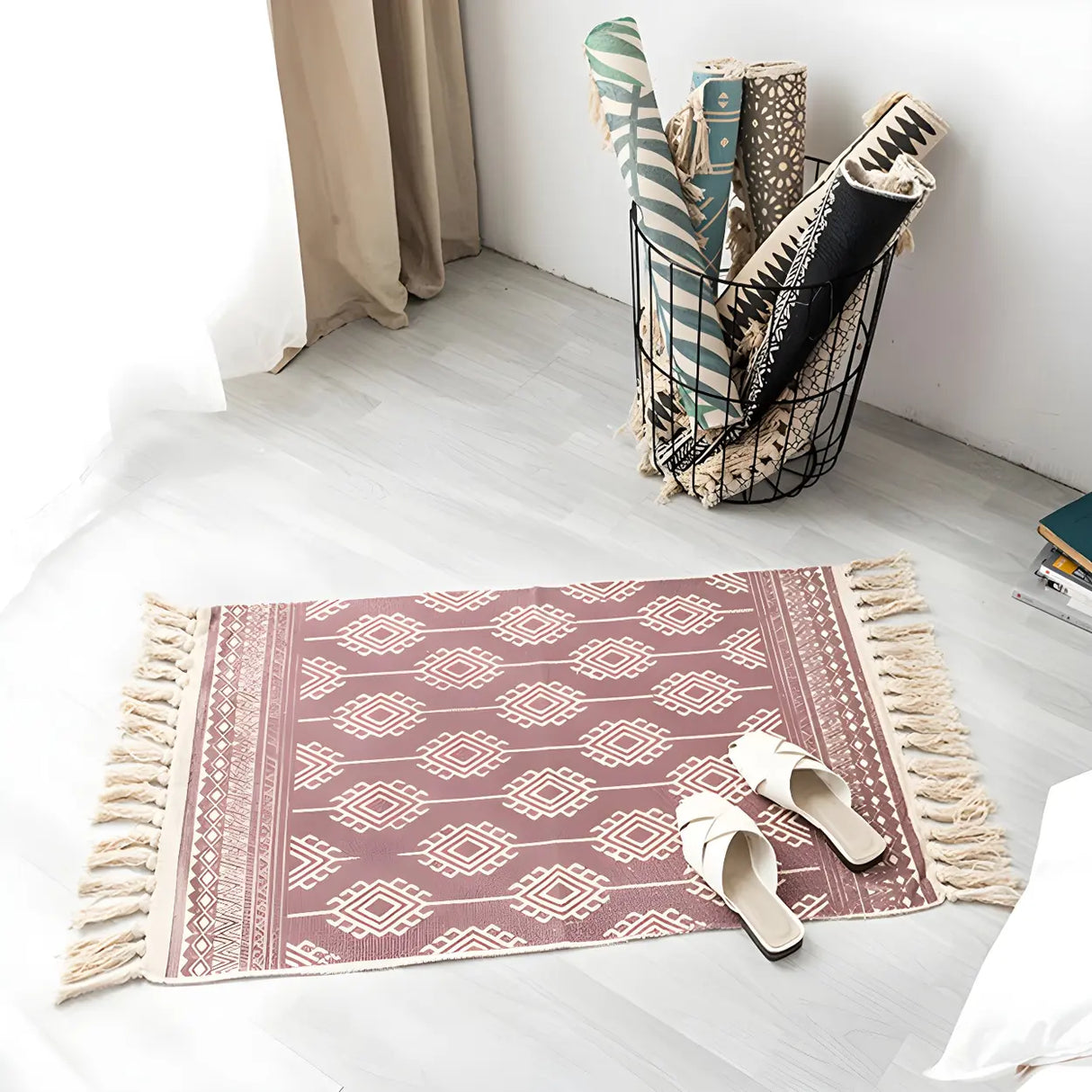 Black Bedroom Geometric Cotton Linen Tassel Area Rug Image - 6