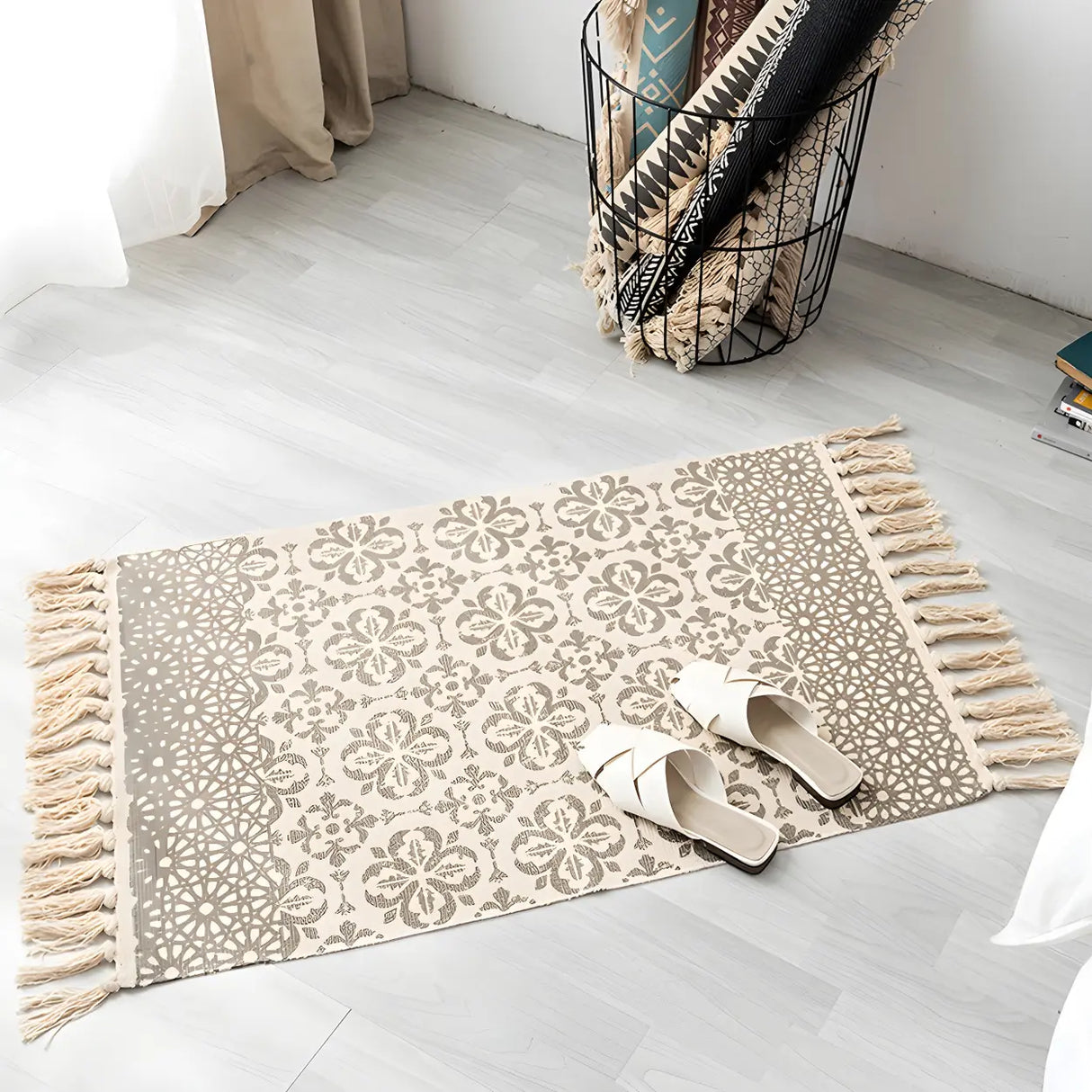 Black Bedroom Geometric Cotton Linen Tassel Area Rug Image - 8