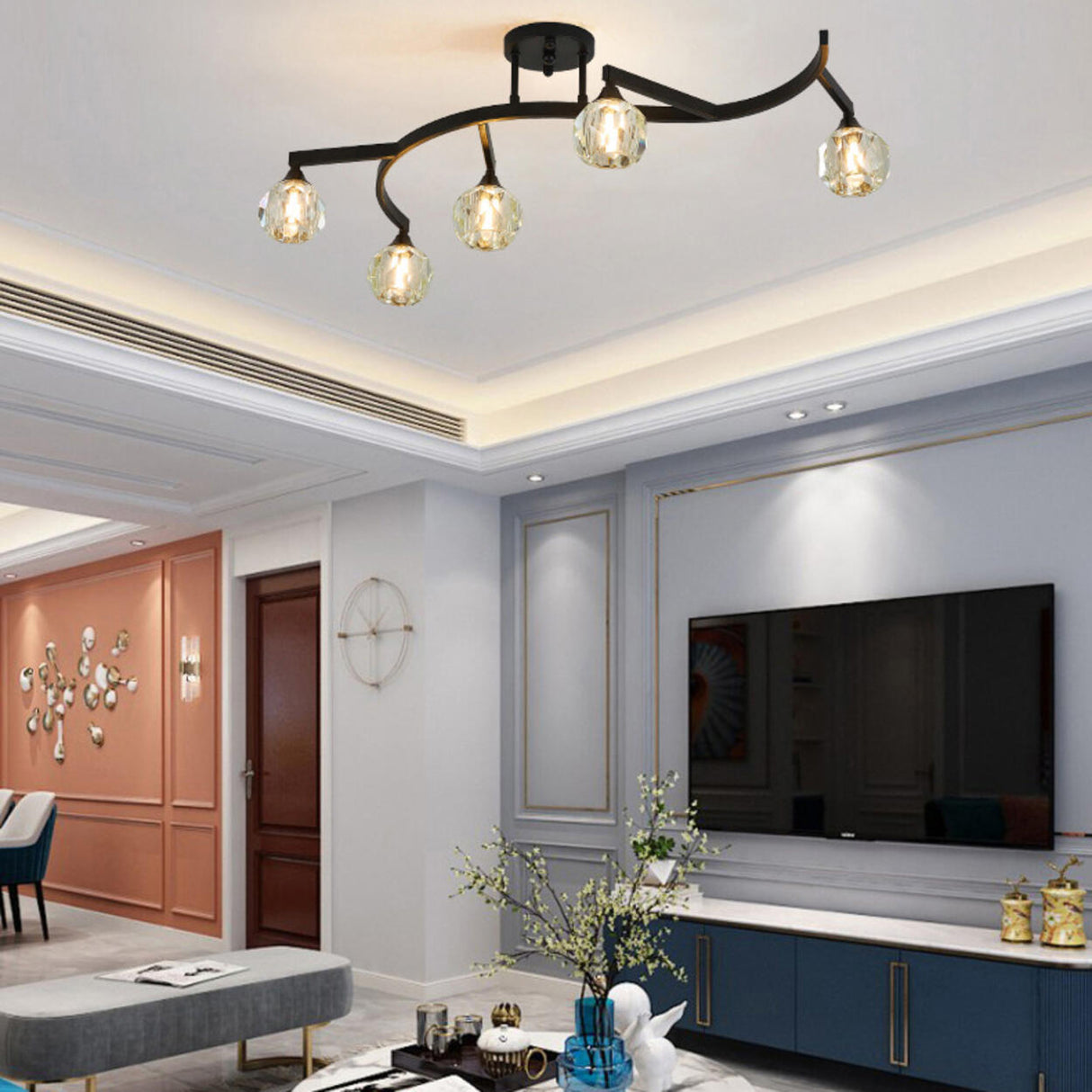 Black Branch Crystal Semi-Flush Mount Light 7-Light Image - 14