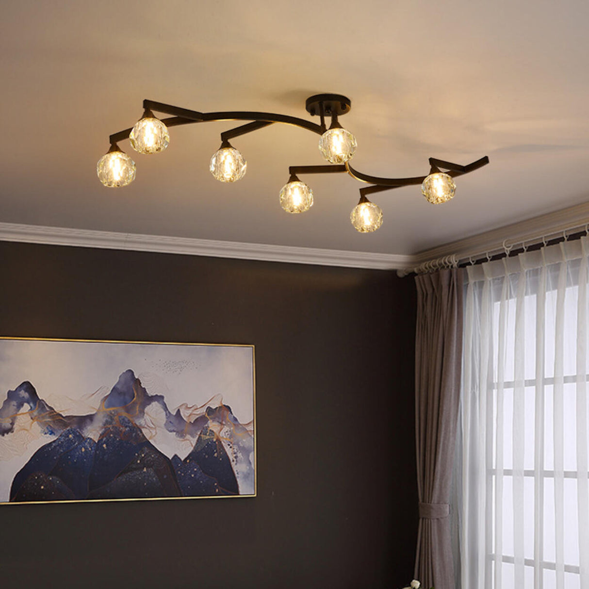 Black Branch Crystal Semi-Flush Mount Light 7-Light Image - 4