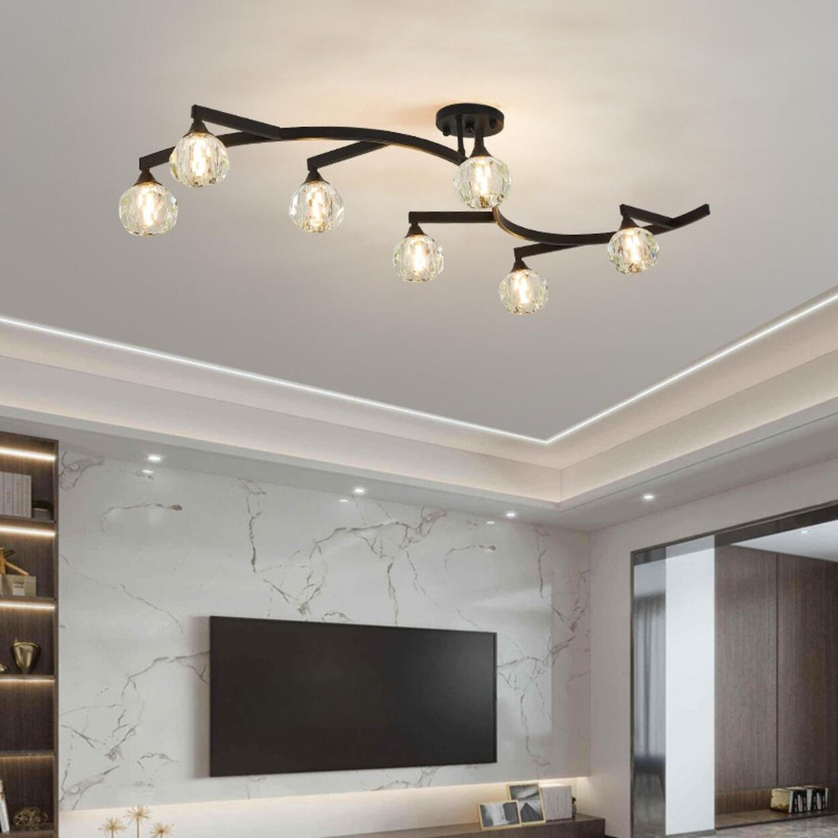 Black Branch Crystal Semi-Flush Mount Light 7-Light Image - 6