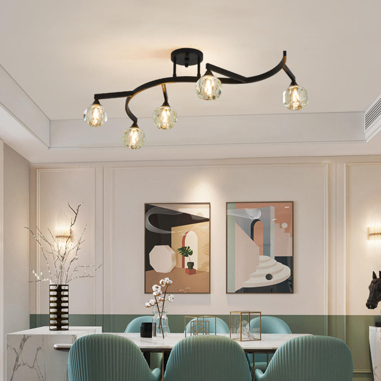 Black Branch Crystal Semi-Flush Mount Light 7-Light Image - 7