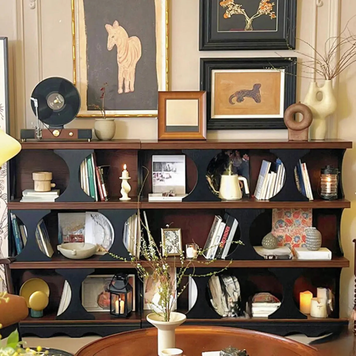 Black Brown Artistic Circular Open-Back Wide Bookcase Image - 1